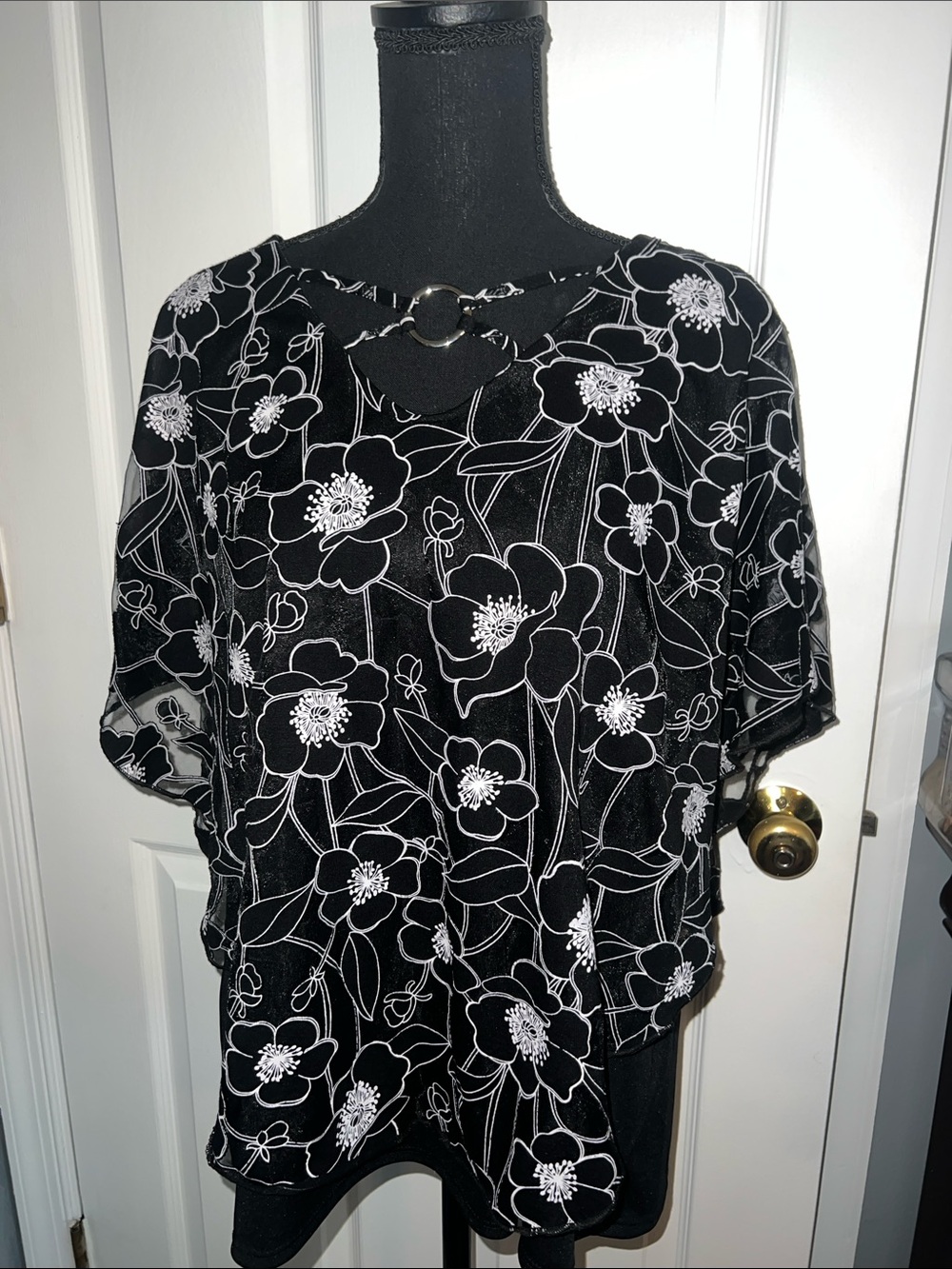 Worthington Black Floral Overlay Top with Ring Detail